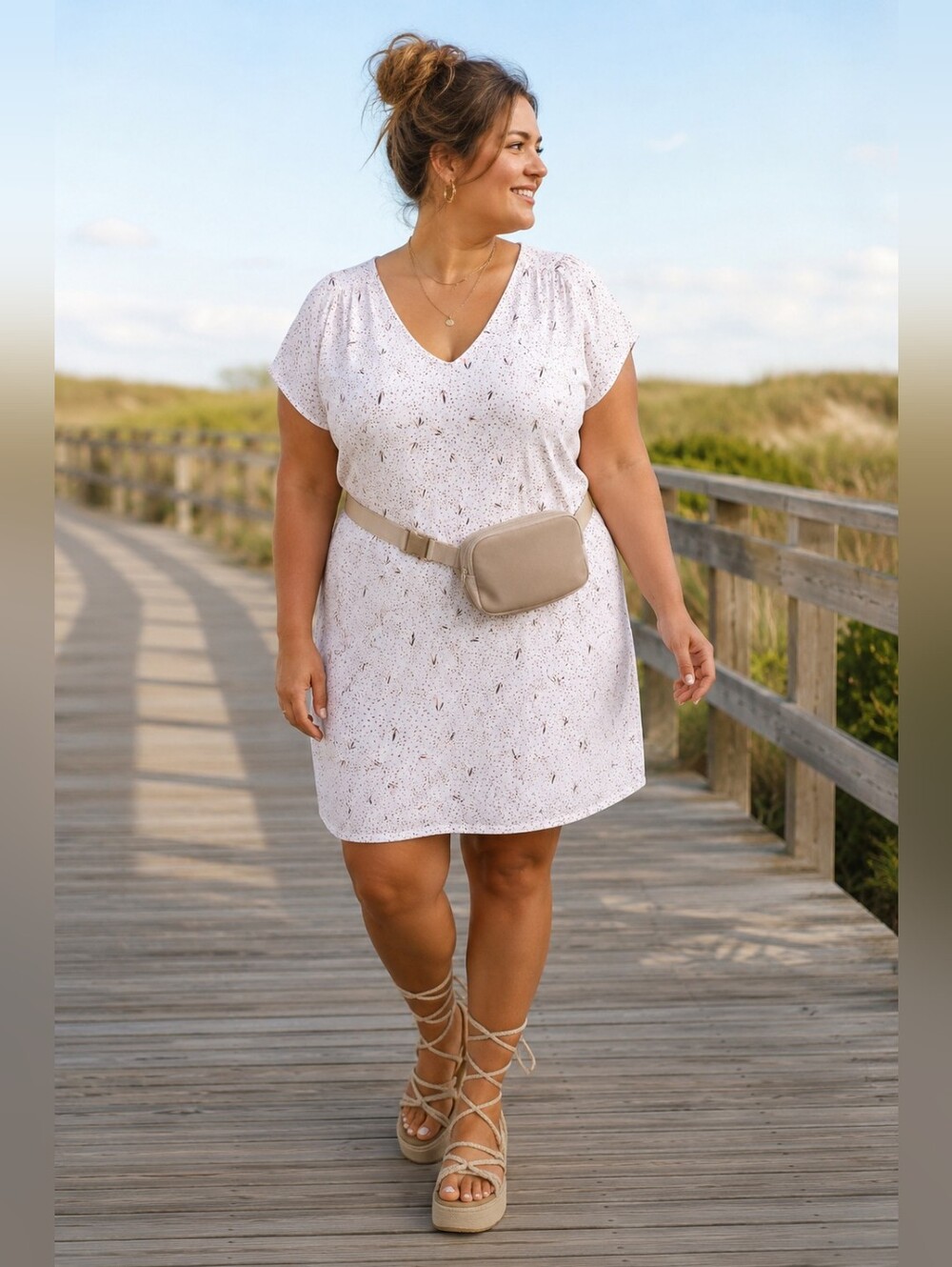 Pennington Plus Size 28: White  Brown & Pink Pattern Casual Mini Summer Dress